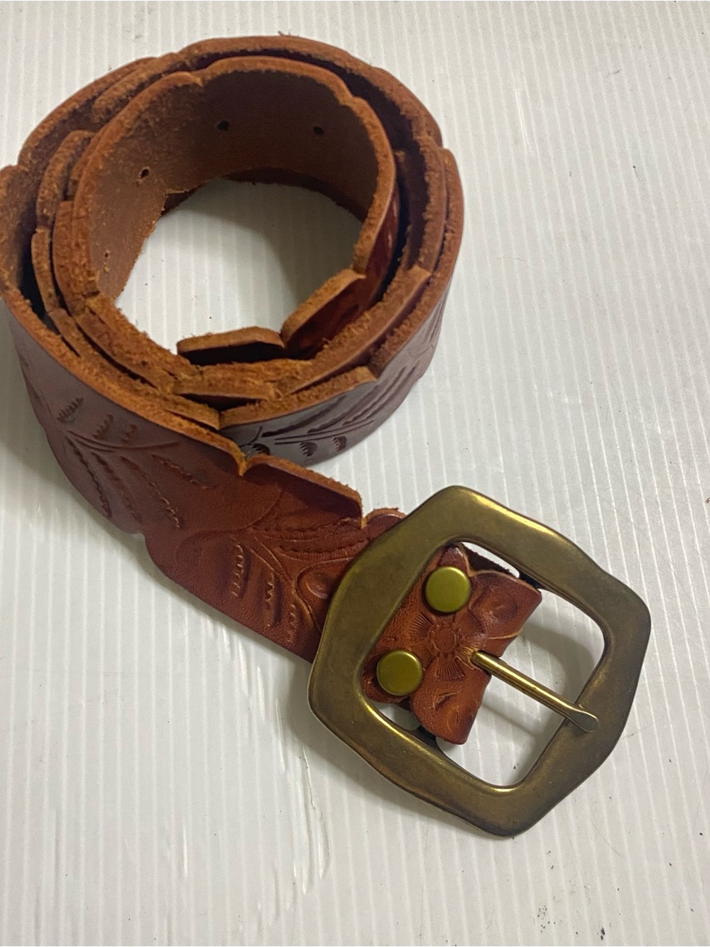 Lucky Brand Brown Tooled Leather Belt with Brass Buckle Womens XL